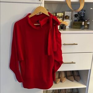 Club Monaco Red One-Shoulder Tie-Neck Sweater